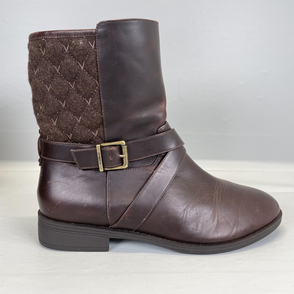Vionic‎ Thea Biker Boots Womens Size 7.5 Brown Leather Quilted Mid Calf Lined